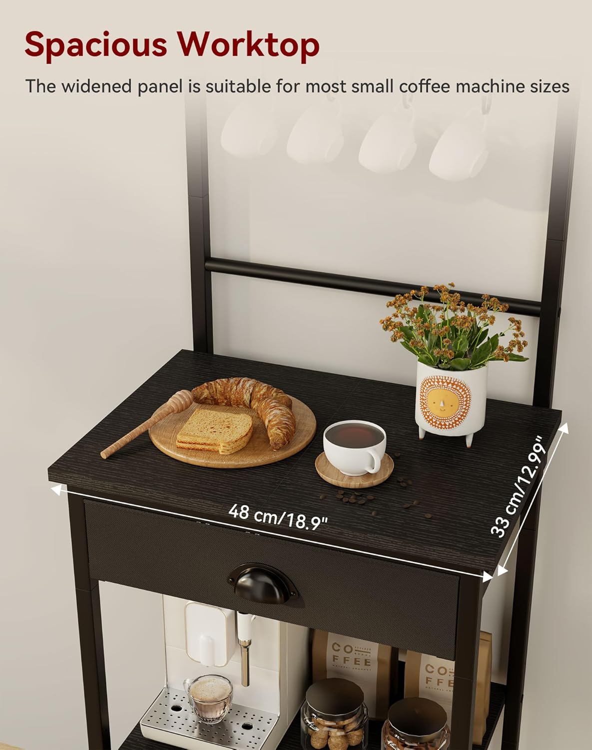 Ymyny 5 Tier Coffee Bar Station, Coffee Stand with Fabric Drawers, 8 S-Shaped Hooks, Corner Bar Cabinet, Height Adjustable, Bakers Rack for Kitchen