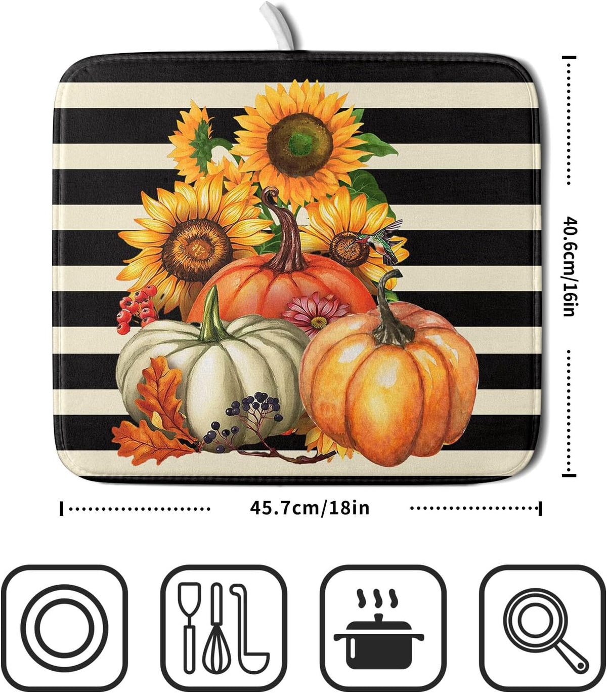 Sunflower Pumpkin Dish Drying Mat for Kitchen Counter,Black and White Stripe Drying Mat 16 x 18 Inch with Absorbent Reversible Microfiber Dish Drying