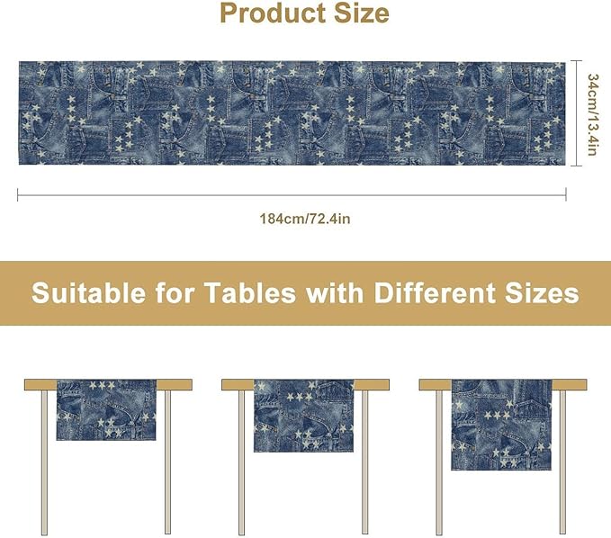Patchwork Table Runner, Vintage Romance Jeans Pentagram Splicing Print Table Runner for Kitchen Dining Picnic Coffee Home 13x120in