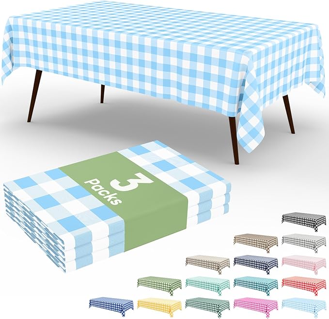 Smiry 3 Pack Baby Bule Gingham Disposable Tablecloths - 54" x 108" Heavy Duty Plastic Table Cloth, Waterproof Buffalo Plaid Table Covers for Picnic, Banquets, Parties