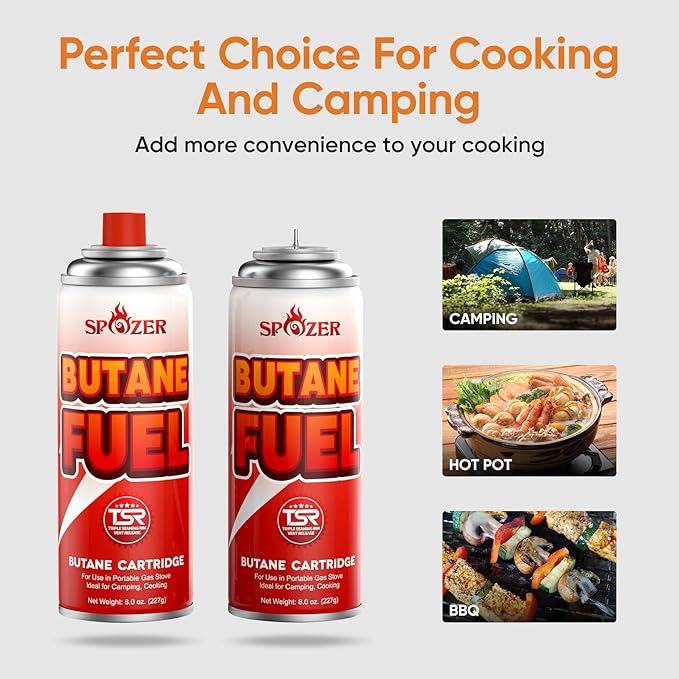 Butane Fuel Canister, 8oz (227g) Butane Refill with TSR Safety Valve, for Camping Stoves, Kitchen Torch, BBQ, 24 PCS