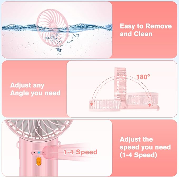 Portable Fan, 4-Speed,180° Foldable, Quiet Mini Small Cute Rechargeable Personal Handheld Fan, 15H Cooling for Women Men Kids Travel Indoor Outdoor Makeup (Pink)