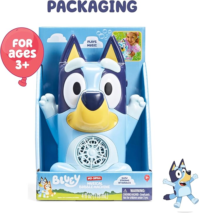 BLUEY NO Spill Musical Bubble Machine | Bubble Toy for Baby, Toddlers and Kids | Amazon Toys Exclusive with 16 oz of Extra Bubble Solution (Bubble Solution Bottle Colors Will Vary)