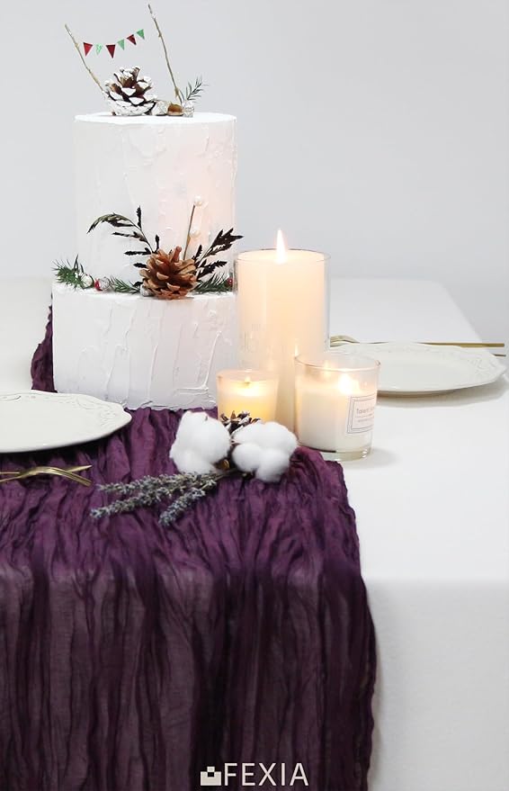 FEXIA 3 Pack Purple Table Runner 35x120 Inches for Baby Shower Decoration Gauze Rustic Table Runner for Wedding Party First Communion Centerpiece Engagement Bridal Shower Boho Decoration
