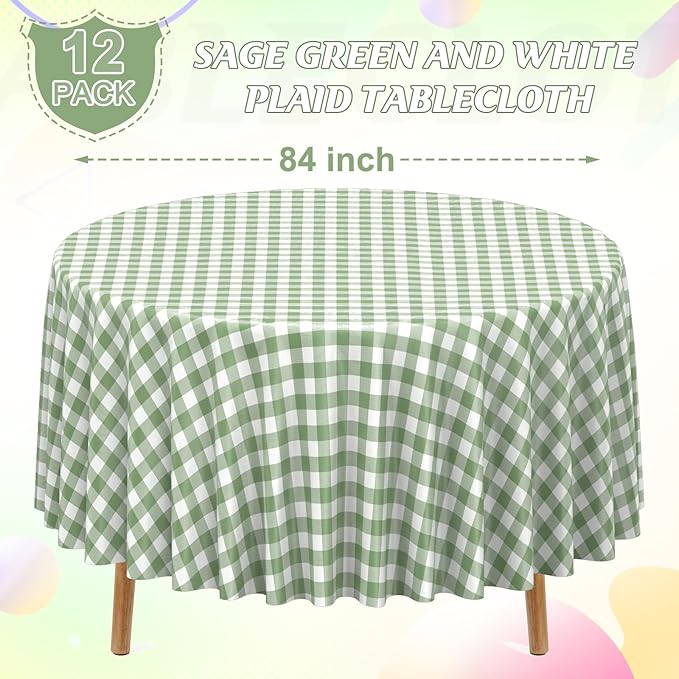 12 Pack Sage Green Plastic Checkered Tablecloth Round, Premium Decorative Disposable Sage Green Gingham Plaid Table Cloths for Parties, Round Party Table Cover for Baby Shower Picnic Birthday, 84 Inch