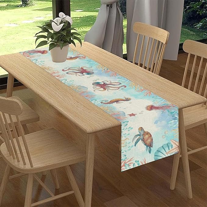 Blue Coastal Table Runner, Nautical Starfish Turtle Seashell Coral Shell Beach Ocean Dining Table Runner for Coffee Table Home Party Decor 13"x36"