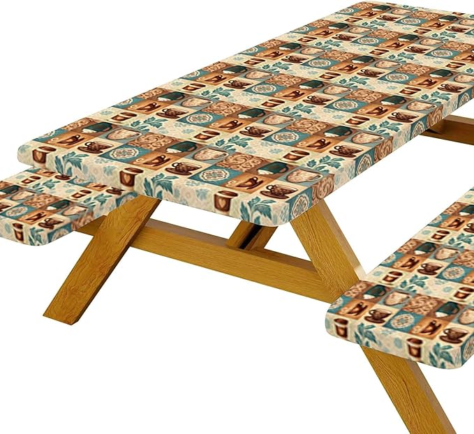 JAWO Coffee Pattern Picnic Table Cover,Bohemian Geometric Vintage Floral Tablecloth with Elastic Edge,Camping Design for Outdoor Camping, BBQ Decor, 96x30 Inch