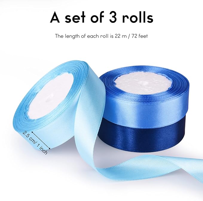 ASTARON Blue Satin Ribbon for Wedding Bouquet DIY Crafts 1 Inch, Solid Color Fabric Ribbon for Gift Wrapping Christmas Gift Bows Hair Bows Silk Ribbon for Bouquets Baby Shower Decor