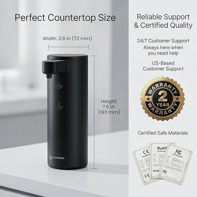 GentleJet OpalDrop Automatic Liquid Soap Dispenser for Kitchen Sink – Touchless No-Drip Pump, USB-C Rechargeable, 304 Stainless Steel, IPX5 Water-Resistant, 270 ml