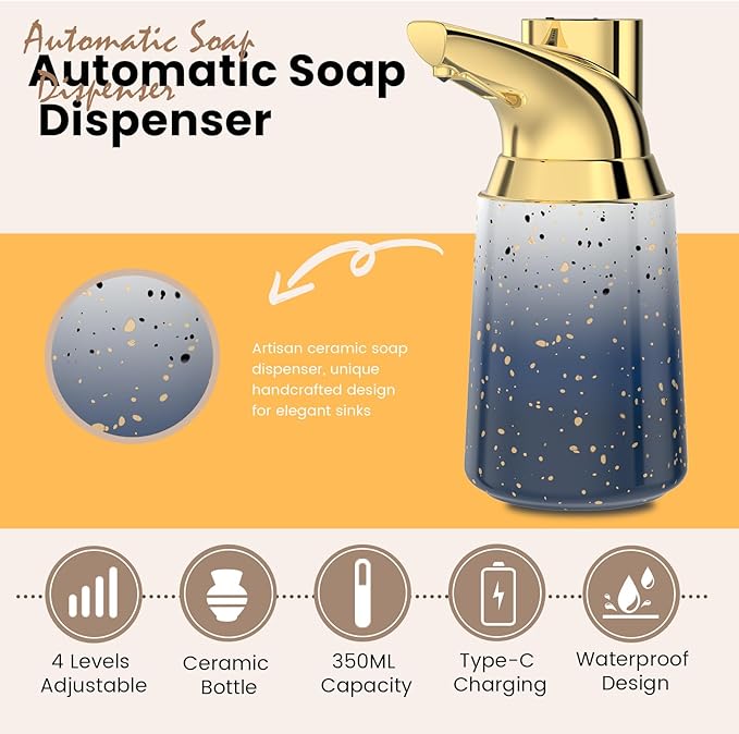 Automatic Liquid Soap Dispenser Touchless:350ML Ceramic Material -4 Level Adjustable Hand & Dish Electric Dispenser,Waterproof Type-c Rechargeable Auto Soap Pump for Bathroom,Kitchen