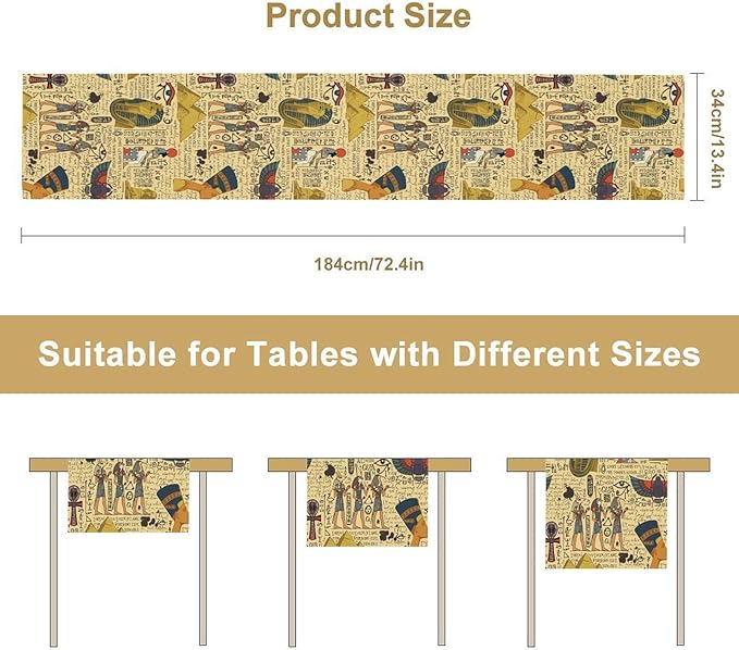Ancient Egypt Table Runner, Egyptian Symbols Vintage Gold Pharaoh Pyramid Design Table Runner for Kitchen Family Dining Holiday Party 13x36in