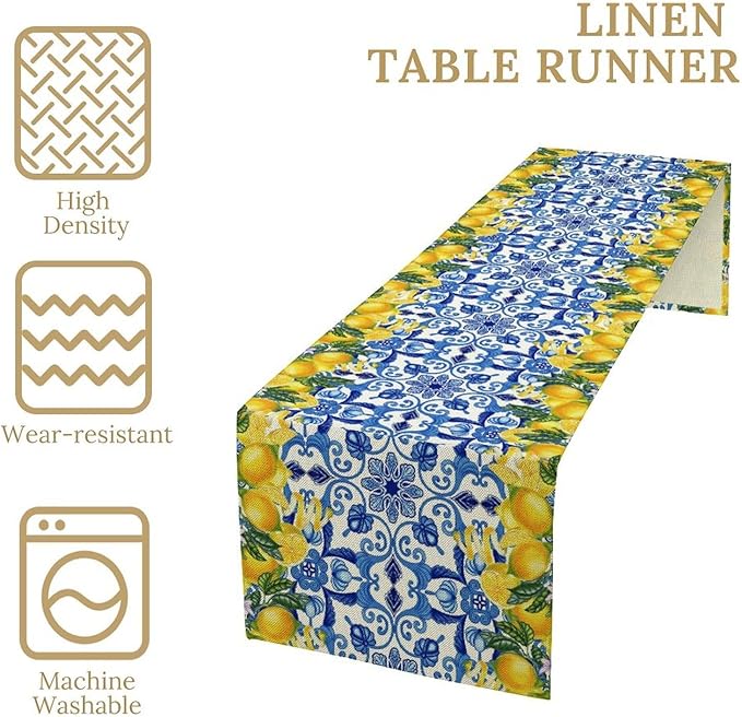Blue Lemon Table Runner, Italy Tile Yellow Lemon Fruit Table Runners for Farmhouse Coffee Home Kitchen Dining Party Patio Indoor Outdoor 13x70in