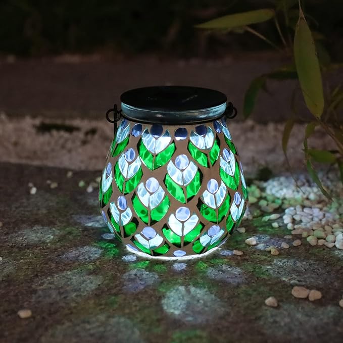 Afirst Mosaic Solar Lanterns Outdoor - Glass Hanging Solar Lights Hollow Out Waterproof Table Lamp Outdoor Decorative for Garden, Patio, Holiday Party Outdoor Decoration