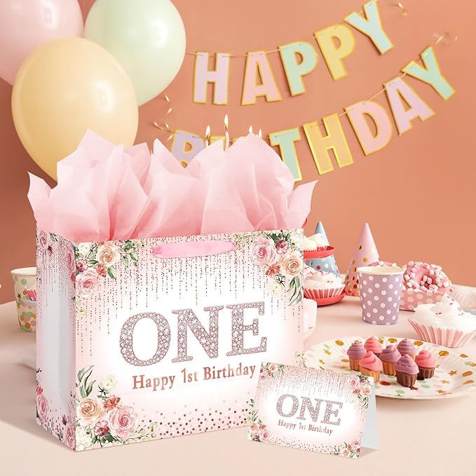Laidans Rose Gold One Year Old Happy Birthday Gift Bag with Tissue Paper and Card for Bday Party Supplies (Rose Gold) (1st)