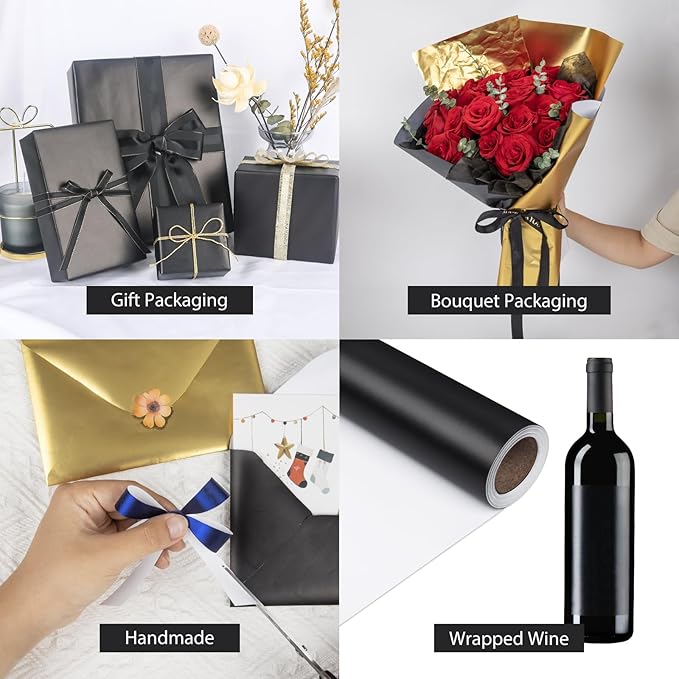NESCCI Matte Metal Black Wrapping Paper, Solid Color Paper-2 Roll,17 Inches X 32.8 Feet Per Roll,Gift Wrapping Paper,Perfect for Wedding,Valentine's Day,Birthday,Baby Shower,DIY Bouquet
