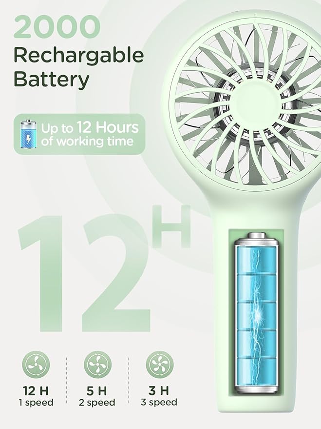 EasyAcc Mini Portable Handheld Fan,3 Speed Personal Small Makeup Fan 2000 Battery Lightweight Washable USB Rechargeable for Lash Stylish Girl Women Travel Gift Green