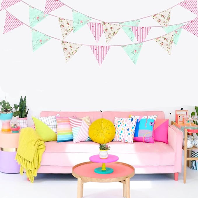 Zwiebeco 32Ft Pink Blue Floral Fabric Pennant Banner Bunting Cotton Flower Triangle Flag Decoration for Birthday Wedding Engagement Bridal Baby Shower Tea Party Spring Rustic Village Home Garden Décor