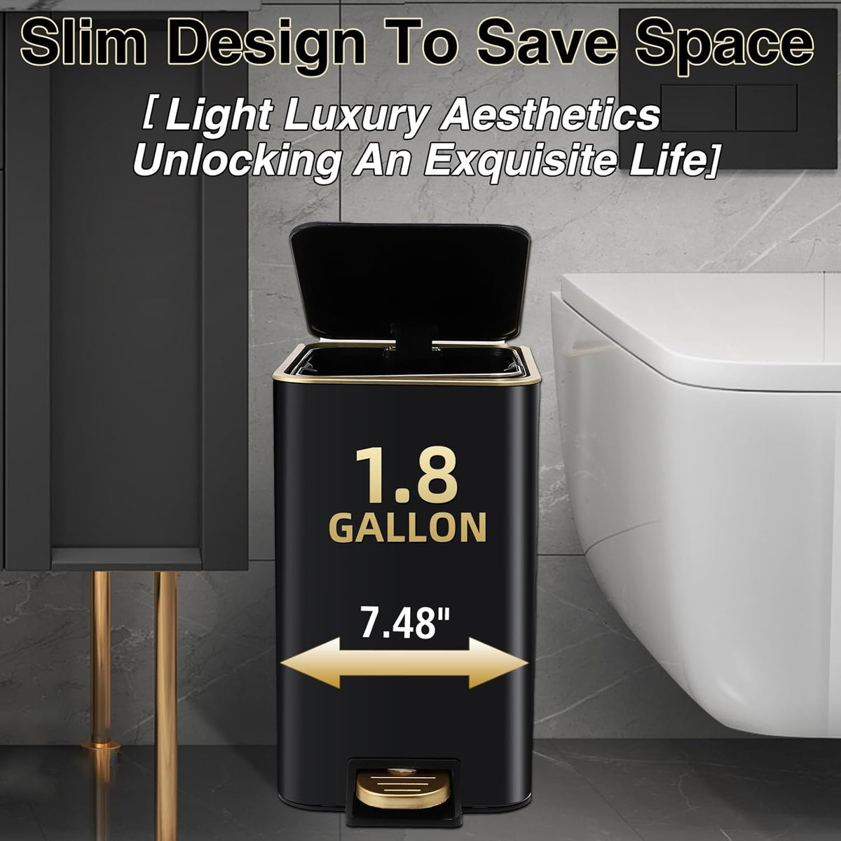 Small Bathroom Trash Can with Lid Soft Close, 1.8 Gallon Stainless Steel Garbage Can with Removable Inner Bucket,80Count Compostable Trash Bags, Slim Step Pedal Trash Bins