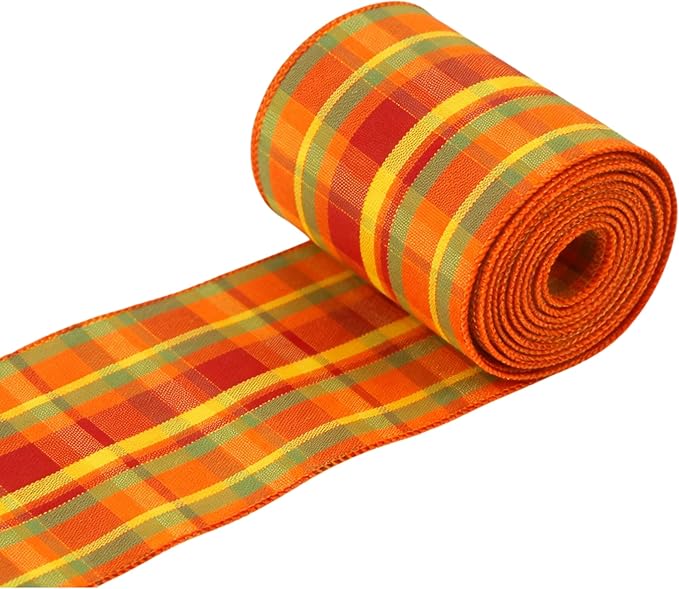 Meseey 4 Inch x 10 Yards Orange Plaid Wired Ribbon, Fall Harvest Plaid Wired Edge Ribbon for Wreaths, Bows, Wrapping, Thanksgiving & Halloween Decorations (Burgundy/Yellow)