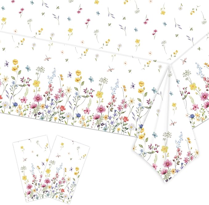 2-Pack Wildflower Plastic Tablecloth Disposable Rectangle - Floral Butterfly Garden Party Table Cover with Spring Flowers, 54x108 Inch for Fairy Birthday Party Decorations