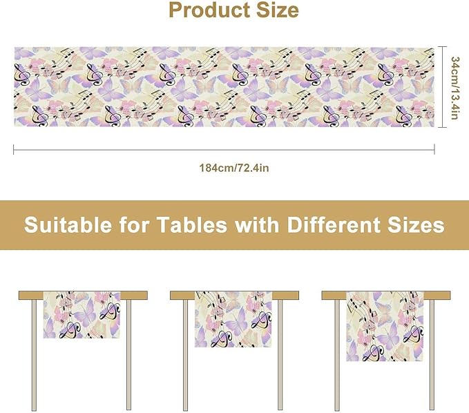 Music Butterfly Table Runner, Beautiful Musical Notes Spring Butterfly Background Print Table Runner for Holiday Kitchen Dining Outdoor Home Party 13x108in