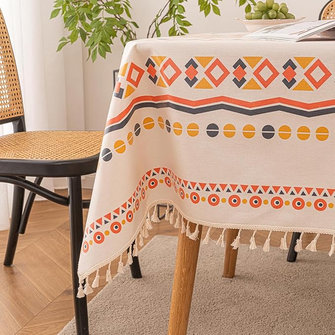 Waterproof Tassels Tablecloth, Bohemian Orange Colorful Table Cloth,White Black,Rectangle for 8 Foot,Fall Summer Dining Table Cover,Mexican,Indoor Outdoor,Farmhouse,Cute Vintage,Cotton