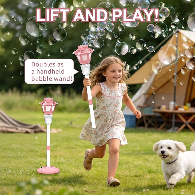 Bubble Machine for Kids Outdoor, 40" Adjustable Height Automatic Bubble Blower with Light & Rechargeable Battery, Bubble Maker Toy for Toddlers Party Birthday (Includes 3 Solution), Pink