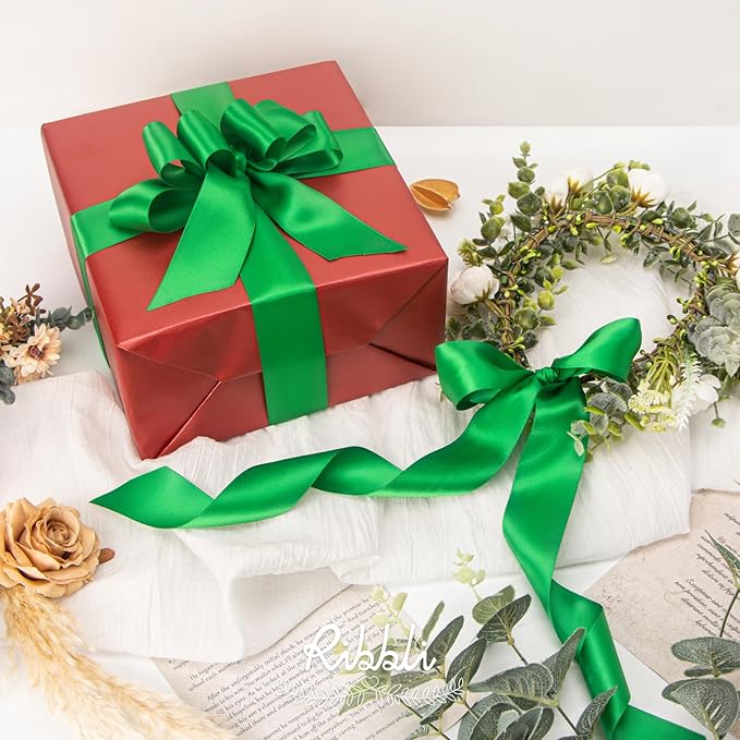 Ribbli Emerald Green Double Faced Satin Ribbon,1-1/2” x Continuous 25 Yards,Use for Bows Bouquet,Gift Wrapping,Wedding Decoration
