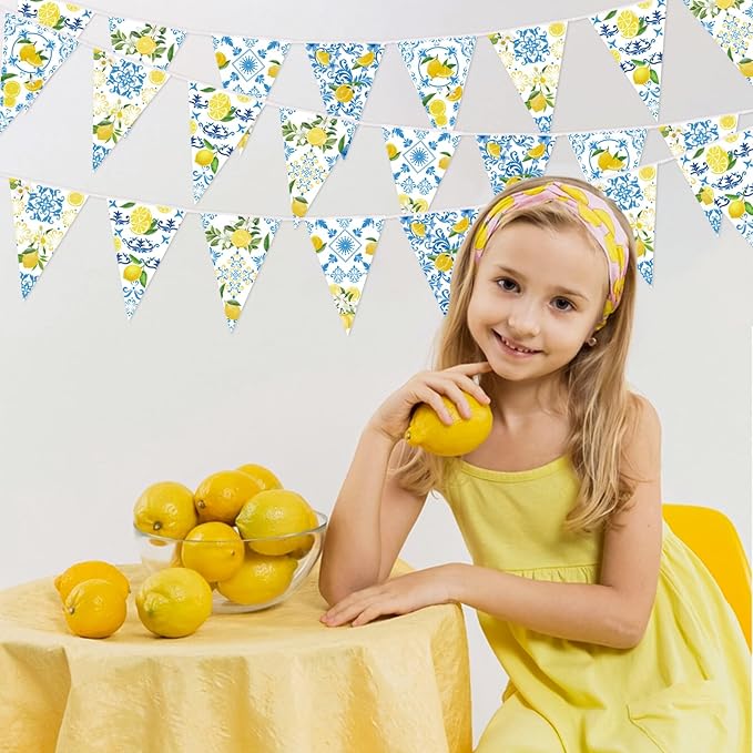 6 Pack Blue Tiles Lemon Party Banner Capri Lemon Pennant Banner Pre-Strung Summer Lemonade Triangle Flag Bunting Garland for Wedding Birthday Bridal Shower Bachelorette Party Decorations