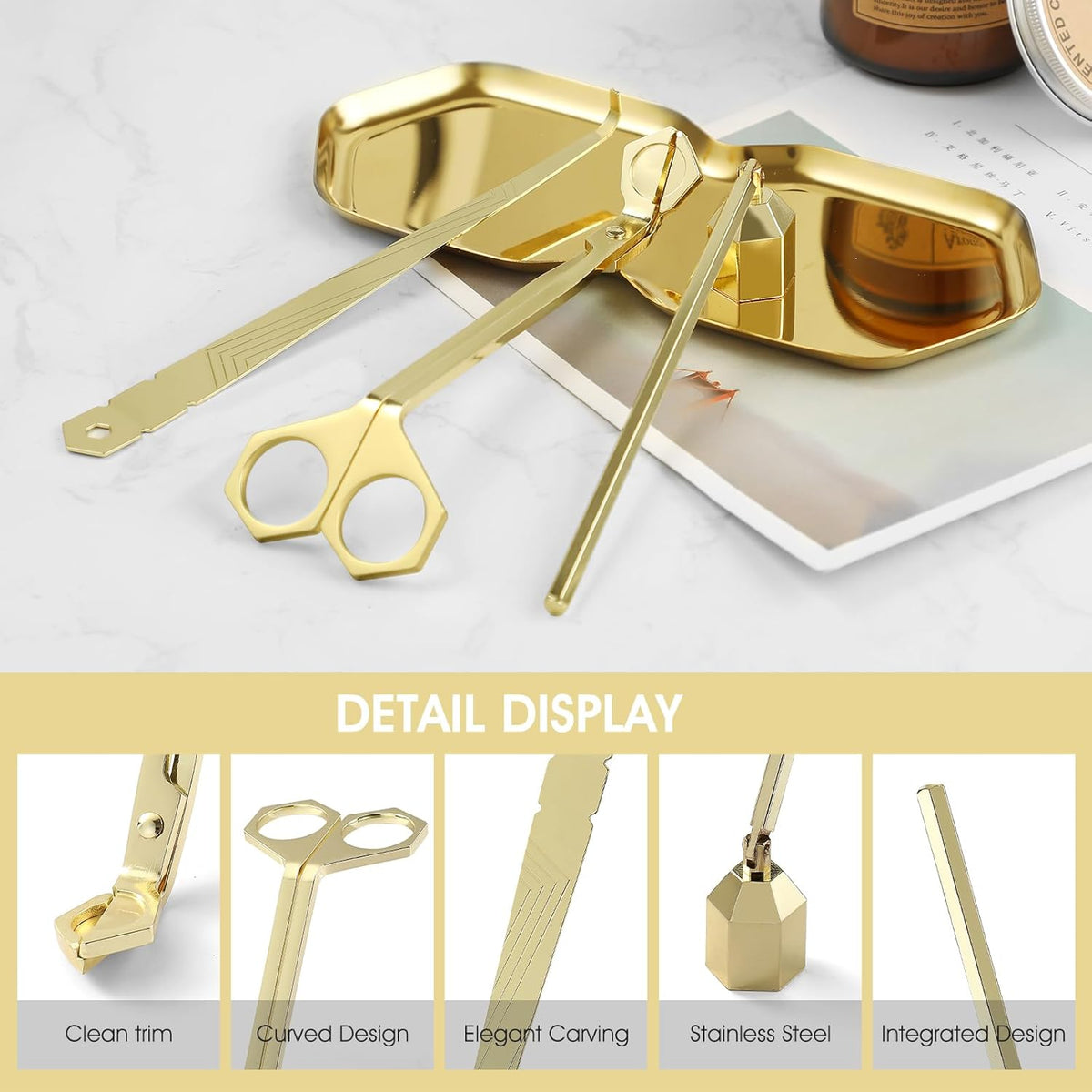 3-in-1 Candle Accessory Set, Wick Trimmer, Candle Snuffer, Wick Spoon, Stainless Steel Material Perfect for Candle Lovers(Gold)