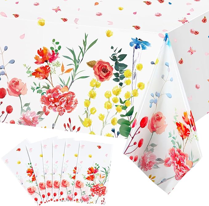 Breling 6 Pieces Wildflower Tablecloths Watercolor Floral Table Cover Wild Flower Plastic Tablecloth for Holiday Birthday Tea Party Weeding Baby Shower Decor, 54 x 108 Inch (Bright Style)