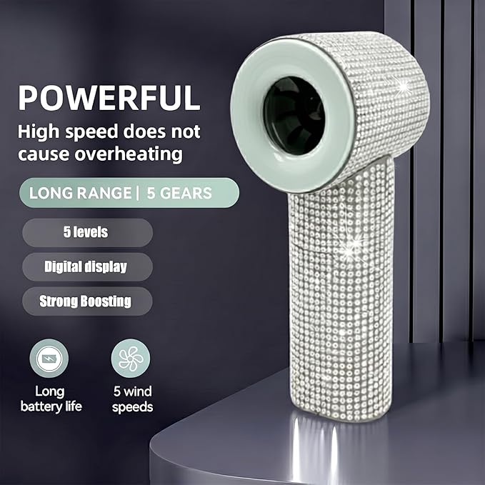 Portable Handheld Fan, Luxury Diamond Turbo Mini Fan with Digital Display, 5 Speeds USB-C Rechargeable Personal Fan for Women Men, Small Pocket Fan for Travel, Makeup, Outdoor (Sparkling-Green)