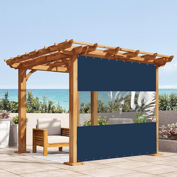 Covers & all Outdoor Clear Panel Curtain, 12 oz Vinyl Outdor Curtains for Patio, Waterproof & Weather Resistant Tarp with Brass Grommets for Pergola, Porch, Gazebos, Balcony (7’ H x 12’ W Feet, Blue)
