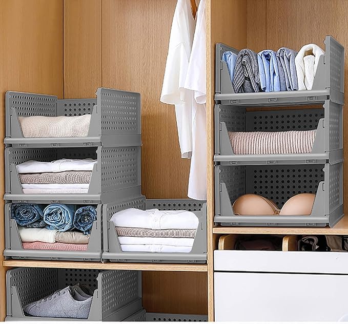 Stackable Wardrobe Organizer for Clothes - Multipurpose Foldable Plastic Closet Storage Organizer for Kitchen, Bedroom & Bathroom (Pack of 10, Grey)