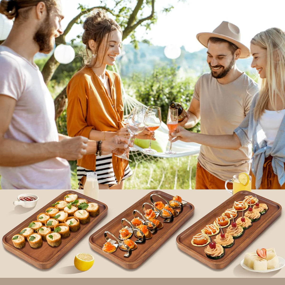 Medium Acacia Wood Serving Trays Long Charcuterie Boards Wood Snack Platter Rectangular Cookie Appetizer Plates Serving Cheese Board Rectangle