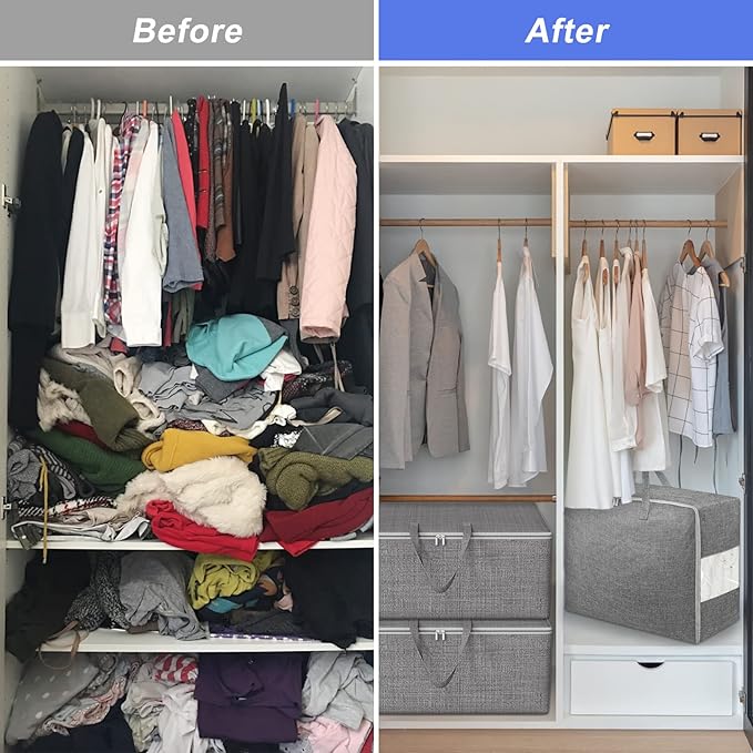84L Extra Large Storage Bags, Folding Moving Comforter Blanket Storage Bags Closet Organizers and Storage Containers for Clothes with Strong Handles&Zippers Clear Window for Bedding Pillow Grey 2Pack