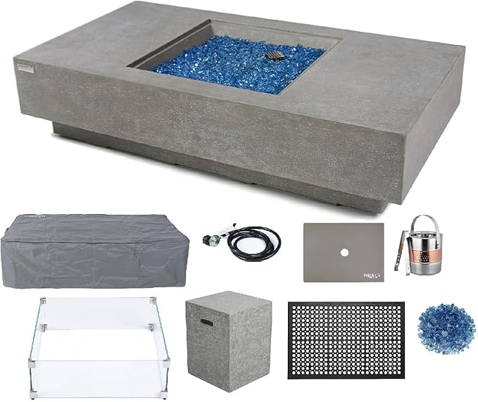 Elementi+ | Bundle Monte Carlo Gas Fire Pit Cast Concrete 60" Rectangular Fire Table | Electronic Ignition | Canvas Cover, Fire Glass and Burner Lid Included | Light Gray | Propane Gas
