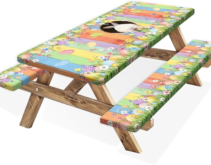 Easter Picnic Table Cover with Bench Covers, Cute Bunny Flower Colorful Wooden Board Camping Tablecloth, Waterproof Windproof, Fitted Tablecloth Cover with Elastic Edge, for Outdoor, 3 PCS, 30x72 Inch