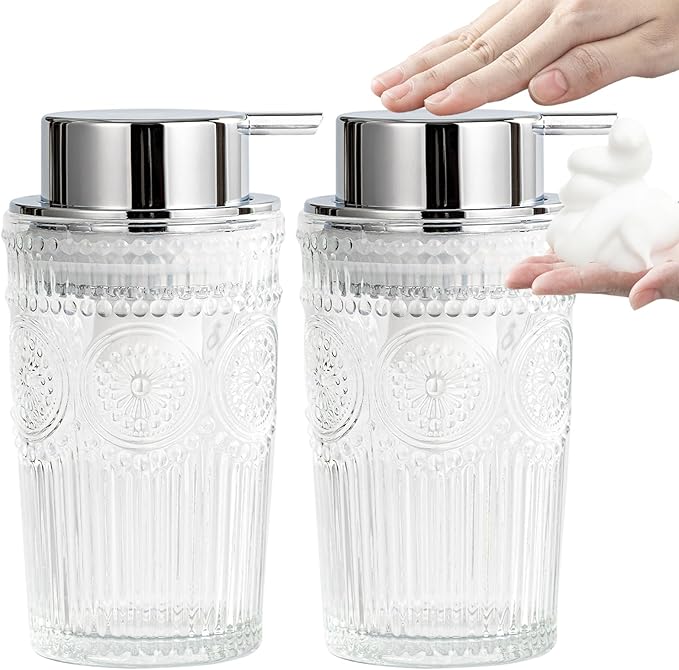 Glass Foaming Soap Dispenser Set - 2 Pack Foam Hand Soap Dispenser for Bathroom, Clear Hand Wash Dispenser Bottle with Silver Pump for Kitchen, 10 Oz Refillable Dish Liquid Foam Dispenser 2 Pcs