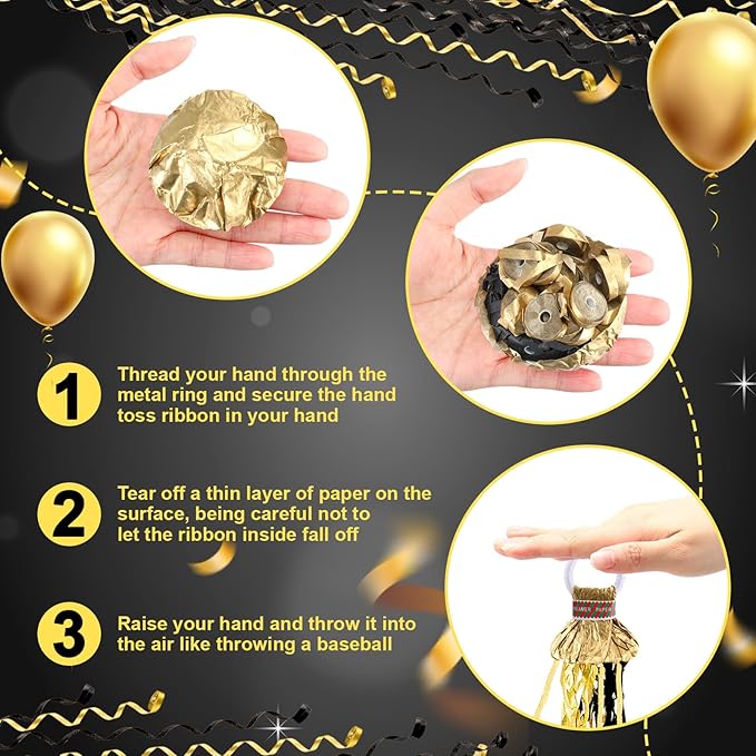 WinnerWhy 100 Pack No Mess Streamers, Gold Hand Throw Confetti Streamers, No Mess Confetti Poppers Paper Crackers Black for Celebration Graduation Birthday Wedding Party Favors