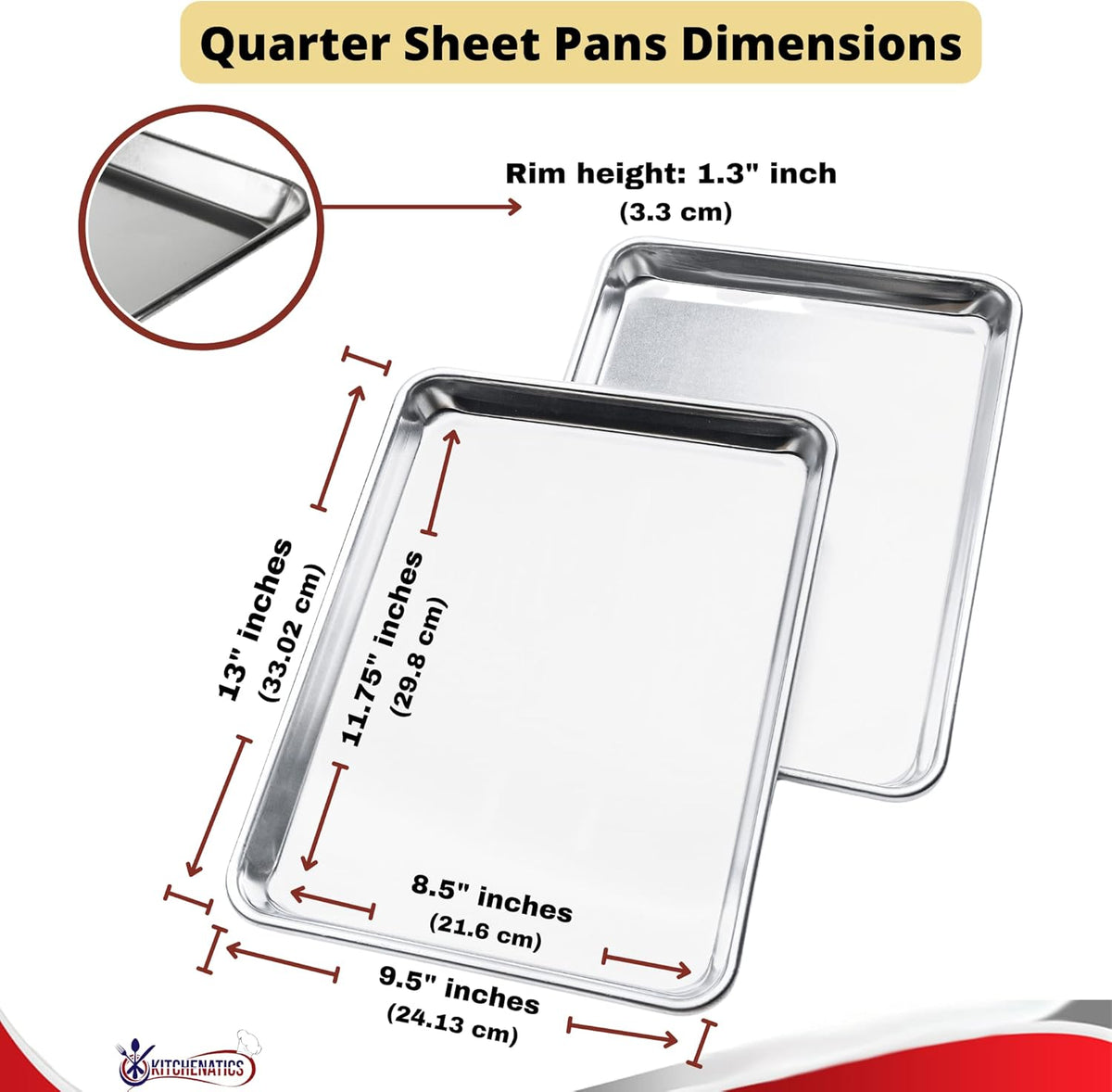 Kitchenatics Quarter Sheet Baking Pans, Premium Quality Aluminum Cookie Sheet Set - Oven Safe, Nonstick, Rimmed Cooking Trays