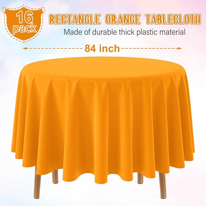 16 Pack Orange Plastic Tablecloths for Round Tables, Premium Decorative Orange Disposable Table Covers for Parties, Round Party Table Cover for Fall Autumn Birthday Thanksgiving Graduation, 84 Inch