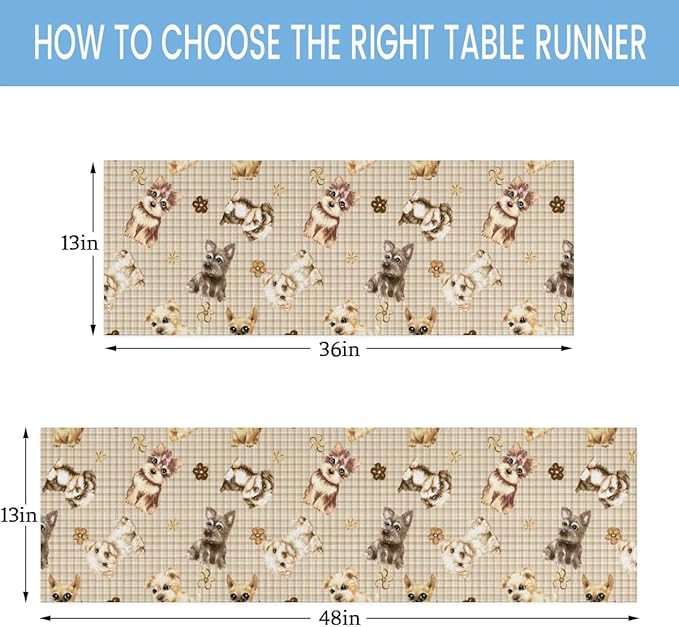 Cute Puppy Table Runner Kitchen Dining Table Runner 13*90in Table Center Decor for Indoor Outdoor Home Holiday Party