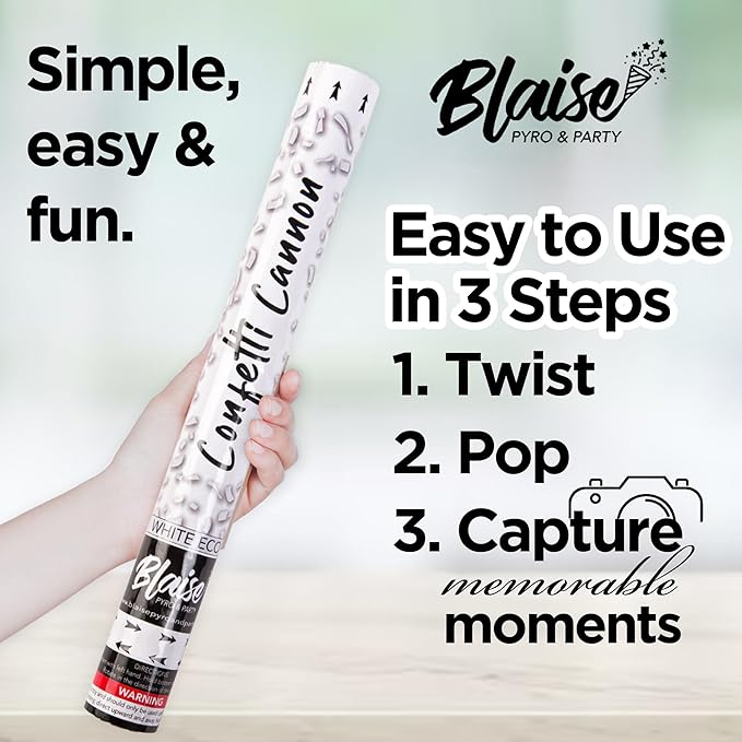 Blaise Pyro & Party White Confetti Poppers - Large Confetti Poppers for Weddings, Engangements, & Graduations - Water-Soluble & Easy Clean-Up - 6 Pack, 12 Inch