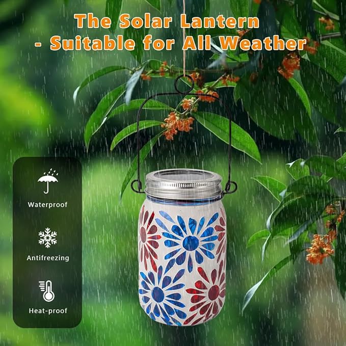 Starsoul 2 Pack Solar Lanterns Outdoor Waterproof, Mosaic Flowers Glass Solar Hanging Outdoor Lights, Decorative Solar Lantern for Outside Pathway Patio Porch Yard Decor