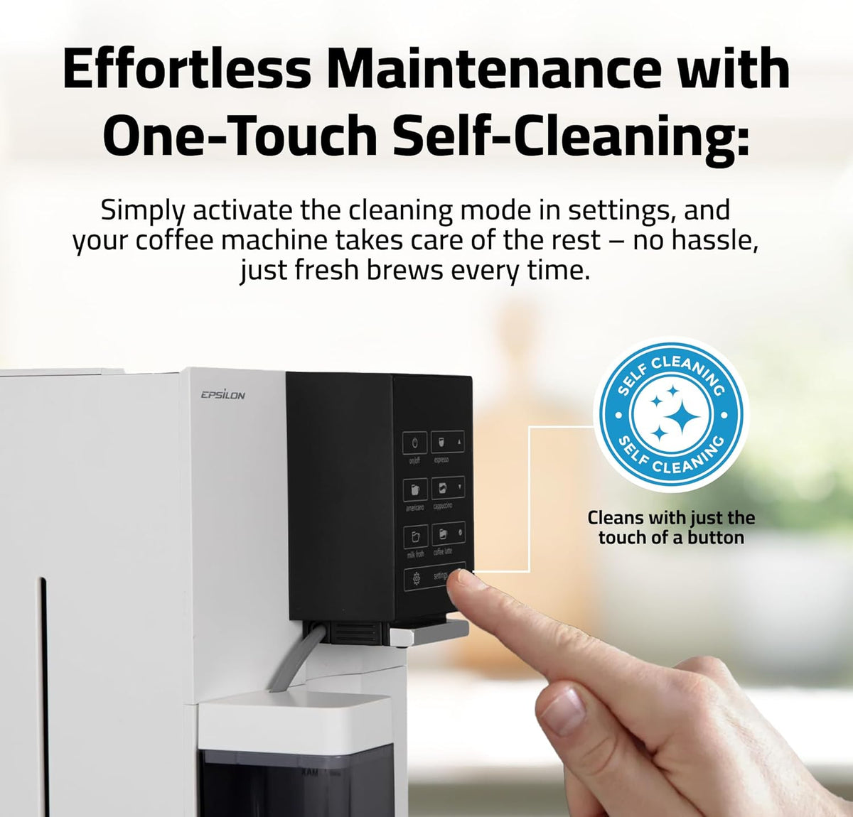 Epsilon Fully Automatic Coffee Machine, Modern One Touch Espresso Machine, Integrated Milk Frother and Custom Brewing Cafe Maker