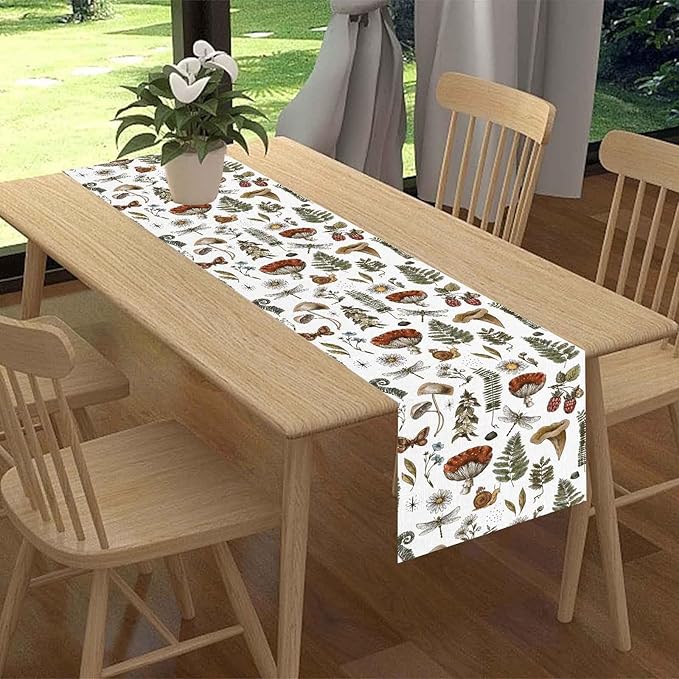 Mushroom Table Runner, Rustic Farmhouse Forest Plants Botanical Country Coffee Table Center Decor for Home Kitchen Dining Patio Holiday Party Indoor Outdoor Table Decorations, 13"x108" Inch