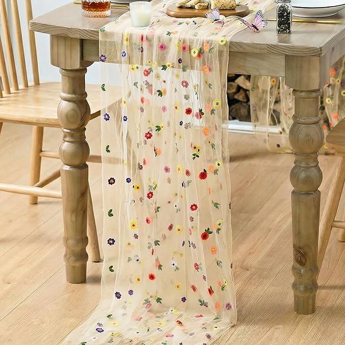 Artoid Mode 3PCS Champagne Embroidery Daisy Gauze Table Runner 120 Inch 10FT, Seasonal Sheer Kitchen Dining Holiday Wedding Birthday Table Decor for Home Party