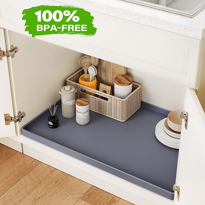 FLATO Waterproof Under Sink Mat 34" x 22" Shelf Liner for Kitchen and Bathroom, Cabinet Protector, Organizers and Storage, Flexible Silicone Drip Tray