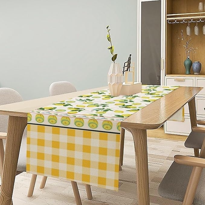 Lemon Buffalo Plaid Table Runner,Rustic Farm Fruit Aesthetic Country Farmhouse Dining Table Decoration for Home Holiday Party Dresser Kitchen Cabin Restaurant Wedding Decor 13×120in
